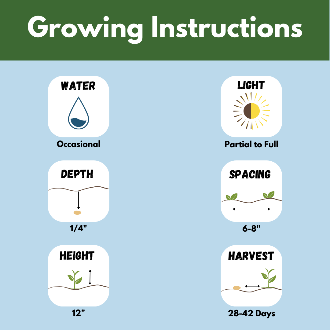 Growing instructions. Water occasionally. Light: partial to full. Depth: one quarter inch. Spacing: 6 to 8 inches apart. Height 12 inches. Harvest 28 to 42 days.