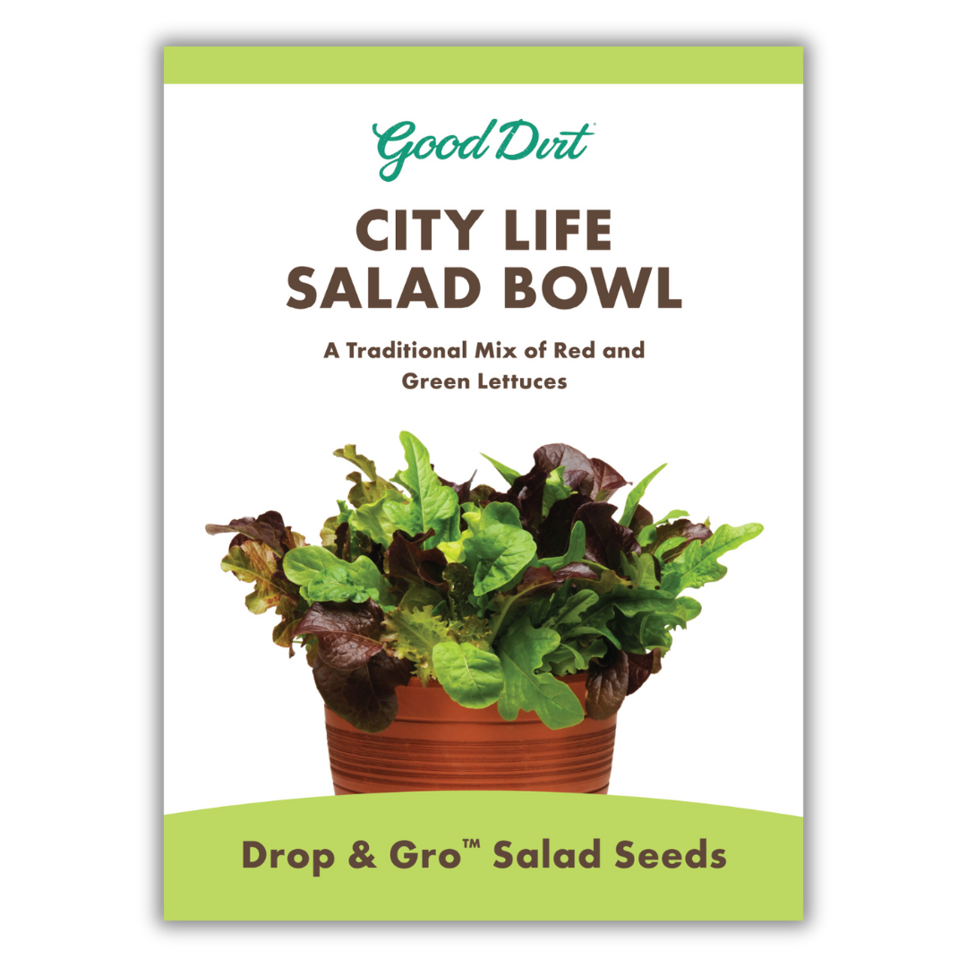 Good Dirt City Life Salad Bowl. A traditional mix of red and green lettuces. Drop and gro salad seeds.
