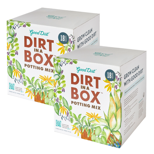 Sold in two-packs, Good Dirt in a compostable box. Experience bigger blooms, healthier roots, and faster growth. Your houseplants and veggie gardens will grow clean with Good Dirt: all-natural, chemical-free, GMO-free, nut-free, and vegan. Each Dirt in a Box contains 18 Quarts of Potting Mix that will fill ten 6” pots.