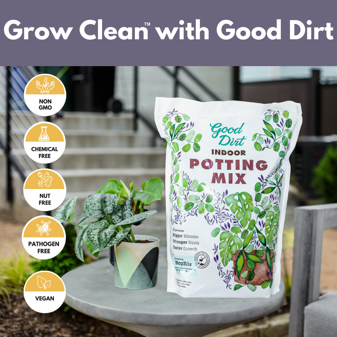 Grow Clean with Good Dirt. Indoor Potting Mix is non GMO, chemical free, nut free, pathogen free, and vegan.