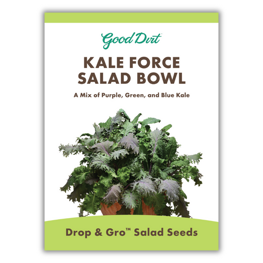 Good Dirt Kale Force Salad Bowl. A mix of purple, green, and blue kale. Drop and gro salad seeds.