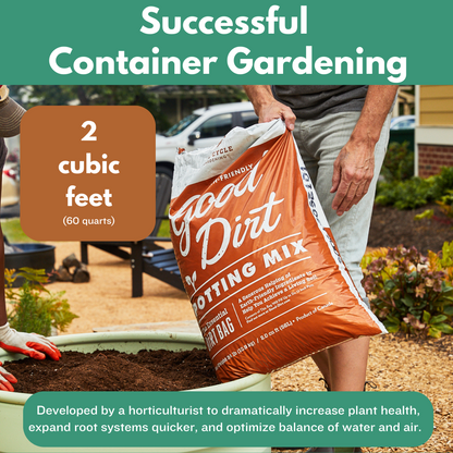 Successful container gardening. 2 cubic feet equivalent to 60 quarts. Developed by a horticulturist to dramatically increase plant health, expand root systems quicker, and optimize balance of water and air.