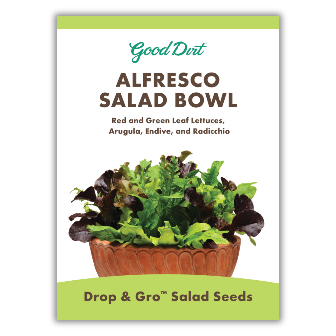 Good Dirt Alfresco Salad Bowl. Red and Green leaf lettuces, arugula, endive, and radicchio. Drop and Gro salad seeds.