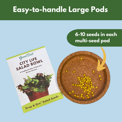 Good Dirt City Life Salad Bowl Seed packet and seed pods displayed. Easy-to-handle large pods. 6 to 10 seeds in each multi-seed pod.