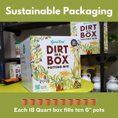 Good Dirt in a compostable box. Experience bigger blooms, healthier roots, and faster growth. Your houseplants and veggie gardens will grow clean with Good Dirt: all-natural, chemical-free, GMO-free, nut-free, and vegan. Dirt in a Box contains 18 Quarts of Potting Mix that will fill ten 6” pots.