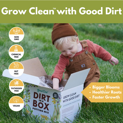Dirt In a Box Potting Mix package on a grass lawn. A toddler wearing overalls plays in the dirt inside the open box. Healthy Plants need Good Dirt. The dirt is non GMO, chemical free, nut free, pathogen free, and vegan.